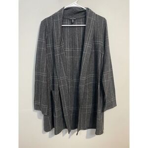 Eileen Fisher Gray Grid Print Open Front Cardigan Wool Blend Size Small